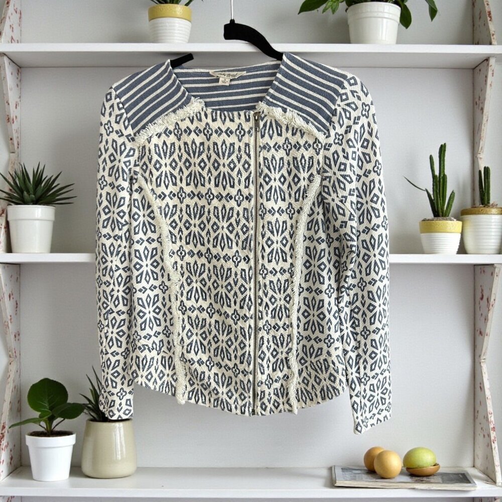 Lucky Brand Jacket Cornflower Blue Cream Fringe Asymmetrical Zip Moto Size Small